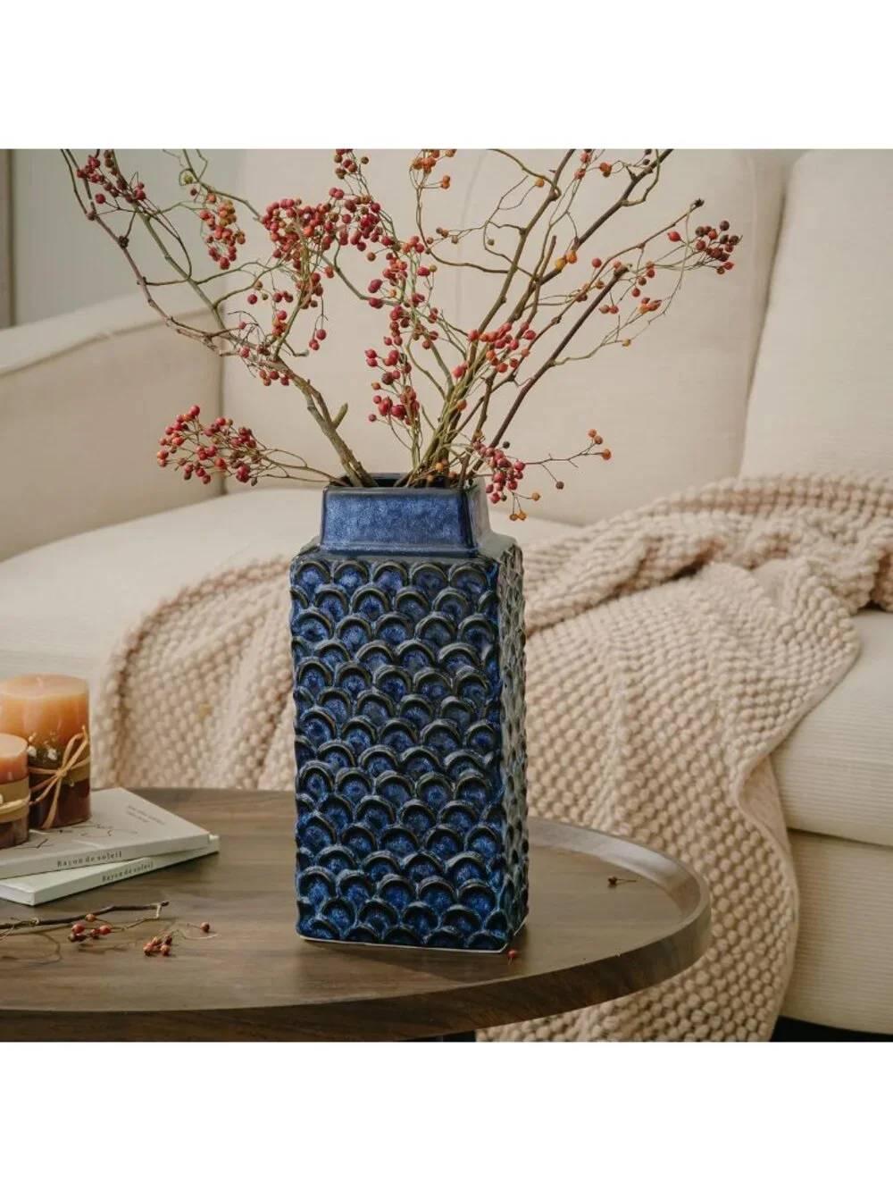 Vintage Blue Ceramic Flower Vase - 12.6